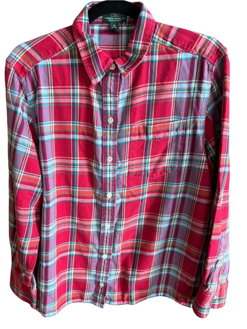 Women's Ralph Lauren medium long sleeve button up plaid shirt with front pocket